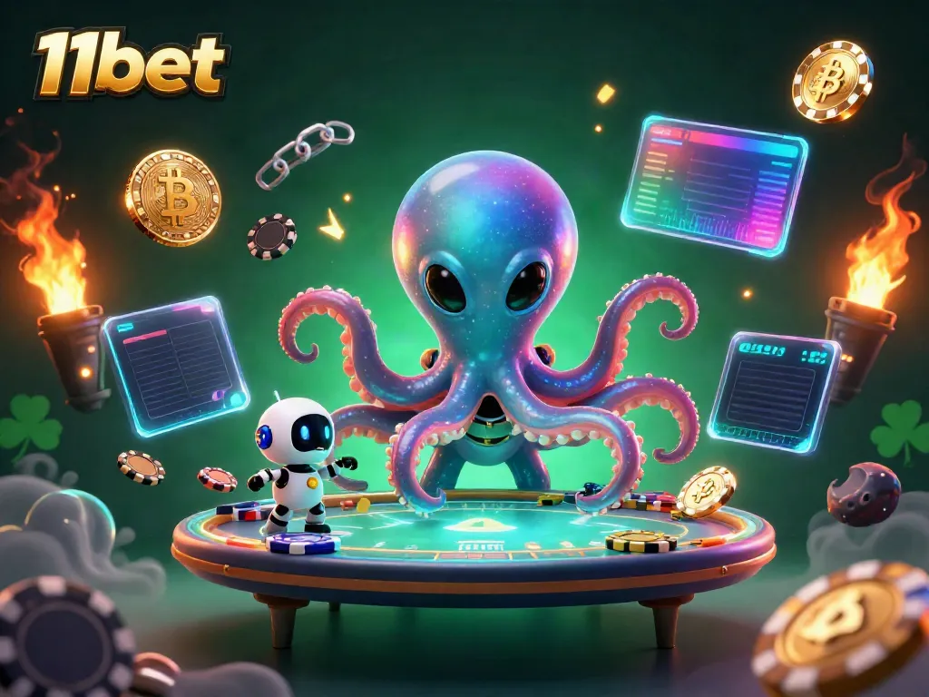 Experience thrilling poker action in a vibrant 11bet casino scene with an octopus dealer and crypto elements.