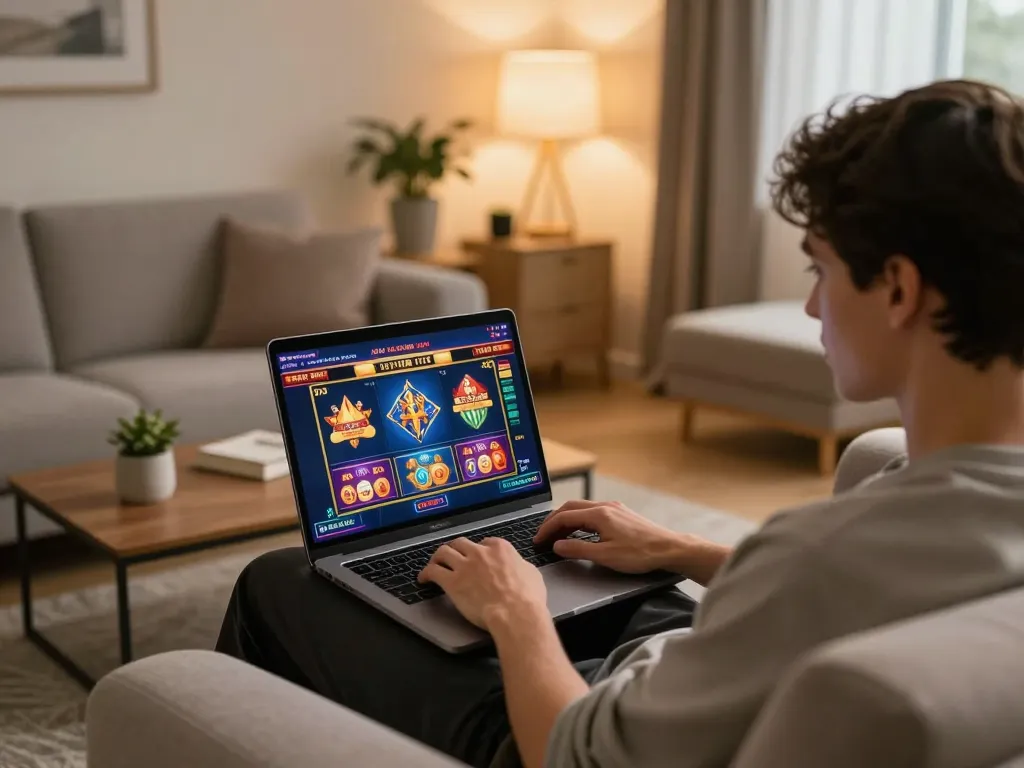 Person engaging in online gaming with Thương hiệu MM88 on laptop in a cozy home setting.