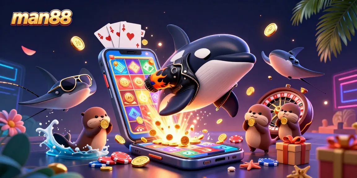 man88 dives into casino fun, featuring an orca and otters in vibrant slot game scene