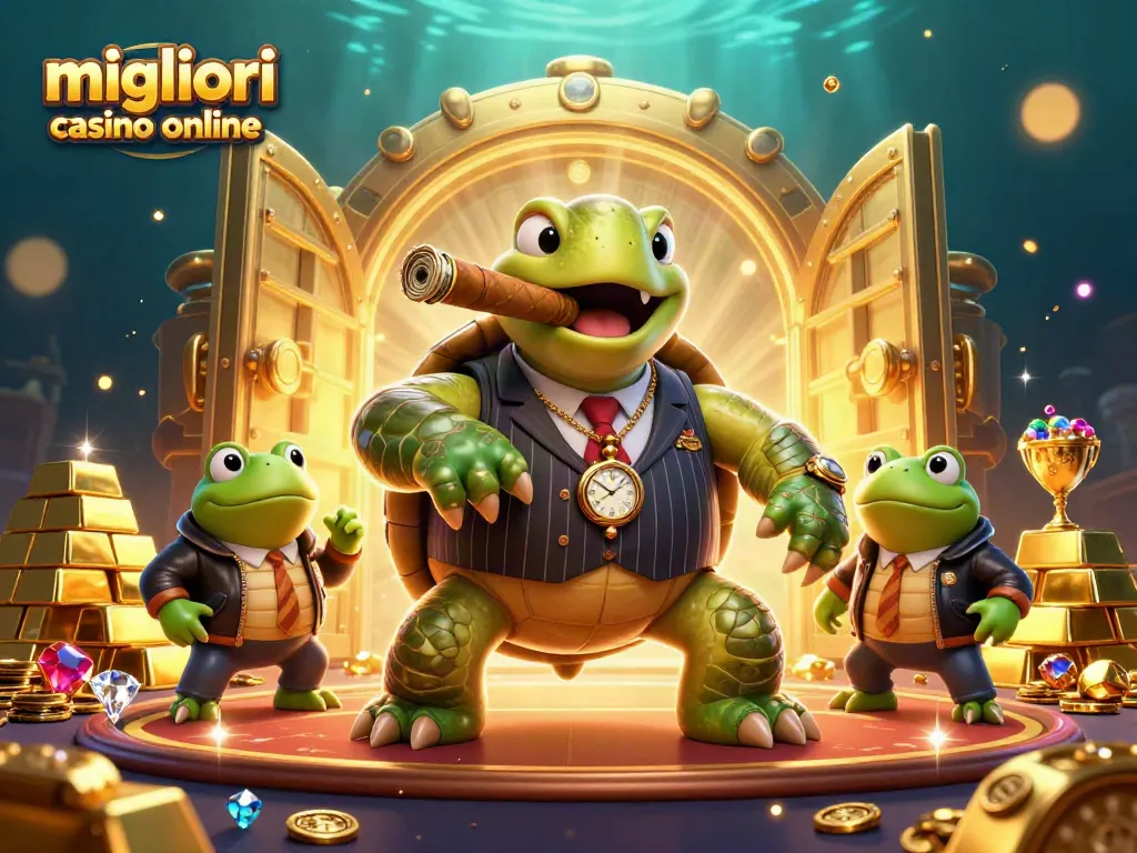Scopri i migliori casino online con una tartaruga gangster in un mondo di luci e tesori.