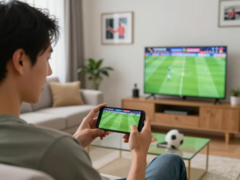 Excited person using keobongda app for live sports betting in a vibrant living room setting.
