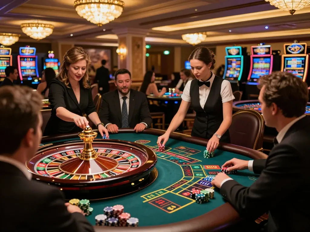 Players at a luxurious roulette table enjoying the excitement of badak178 casino betting.