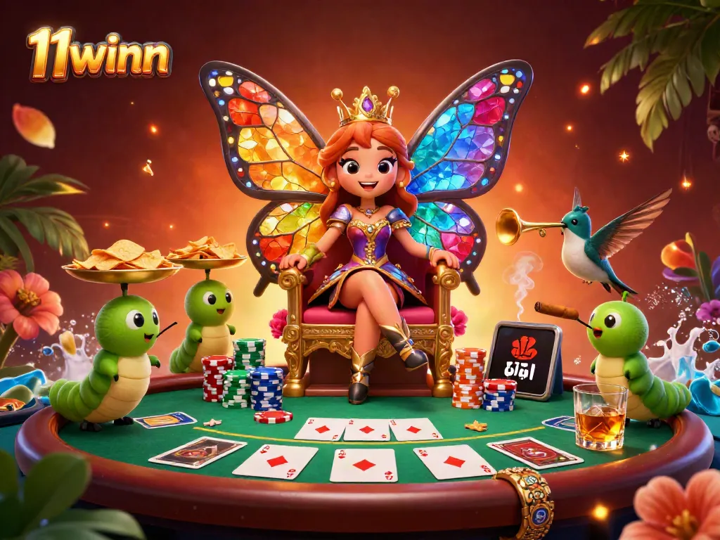 Experience the vibrant world of 11winn with a butterfly queen, poker elements, and festive designs.