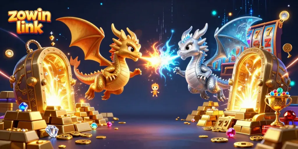 Bet big with zowin link in this colorful casino scene featuring dragons and treasures.