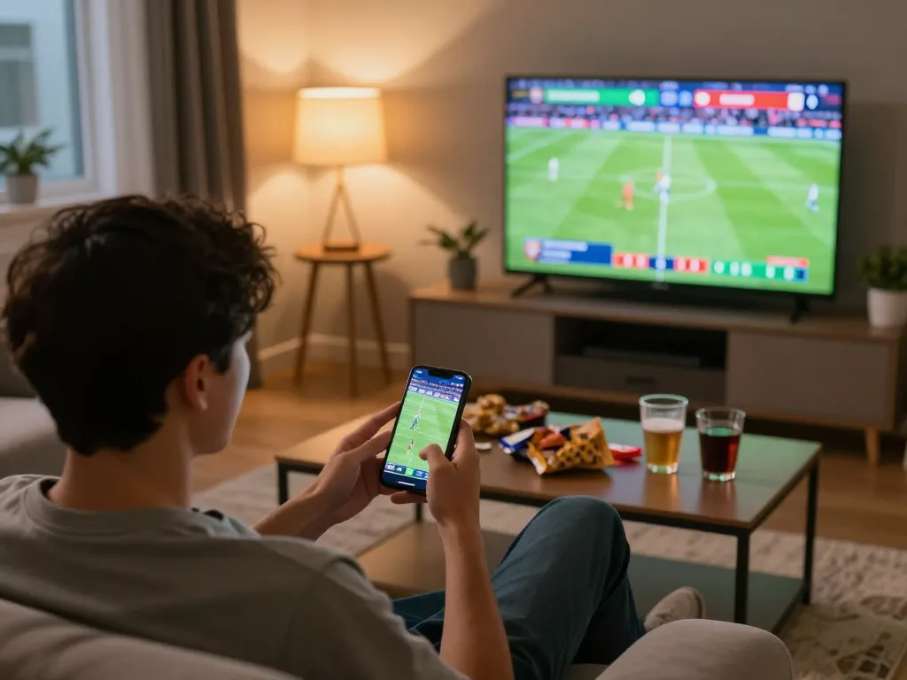 Kèo nhà cái hôm nay: Person engaging in sports betting while watching live football match on TV