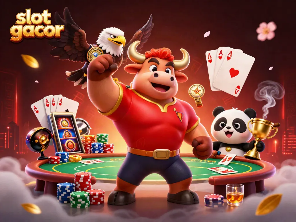 Win big with slot gacor as a muscular bull mascot leads a dynamic casino celebration!