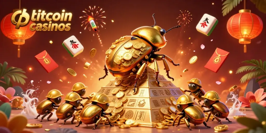 Experience thrilling bitcoin casinos with golden beetles and vibrant gaming elements.