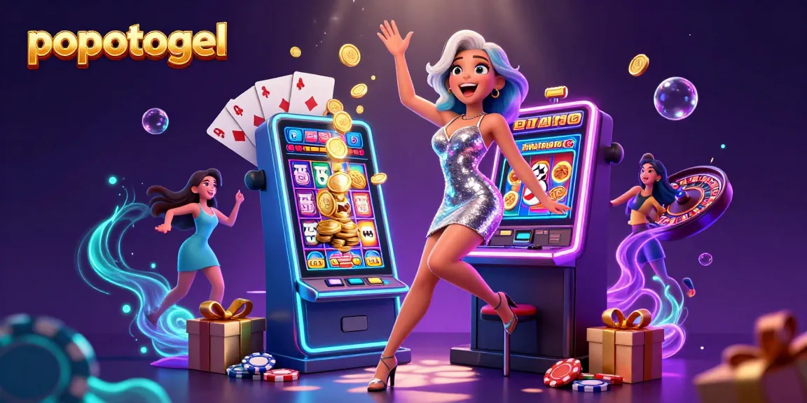 Engage with popotogel as a gorgeous woman celebrates a jackpot win, surrounded by dynamic casino elements.