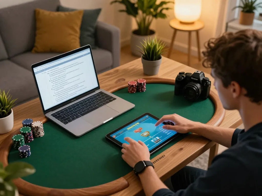 Player enjoying qh88go poker on tablet in modern home setting, highlighting online gaming experience