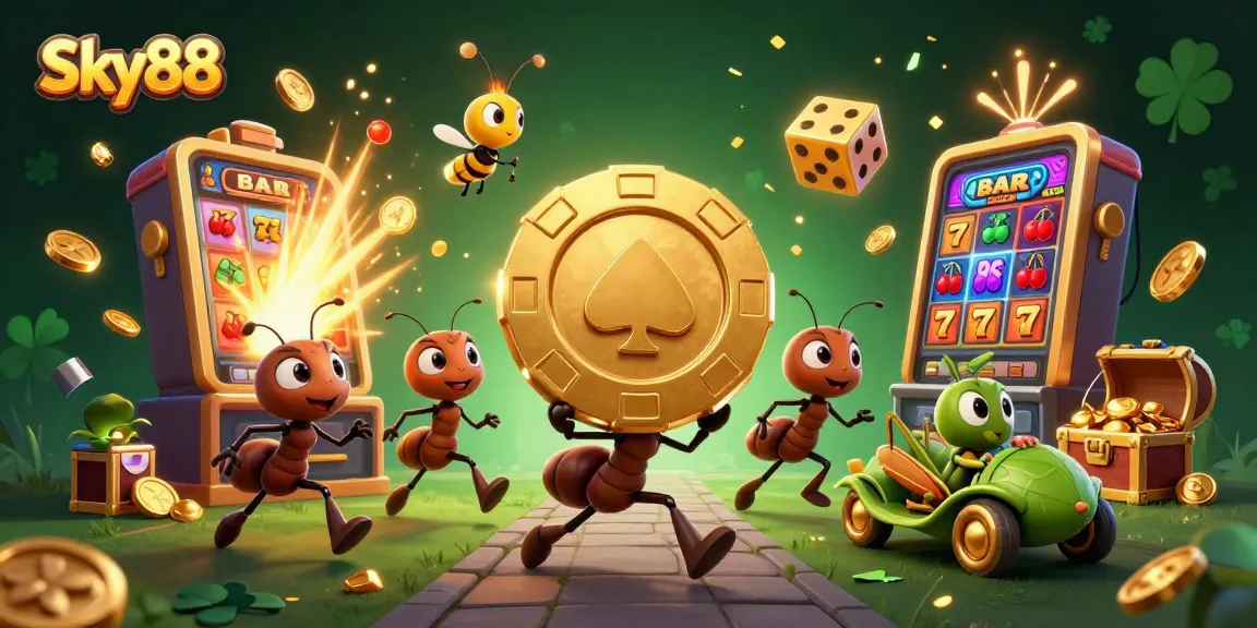Sky88 shows a lively heist scene with ants, a firefly lookout, and a grasshopper driver in a vibrant casino.