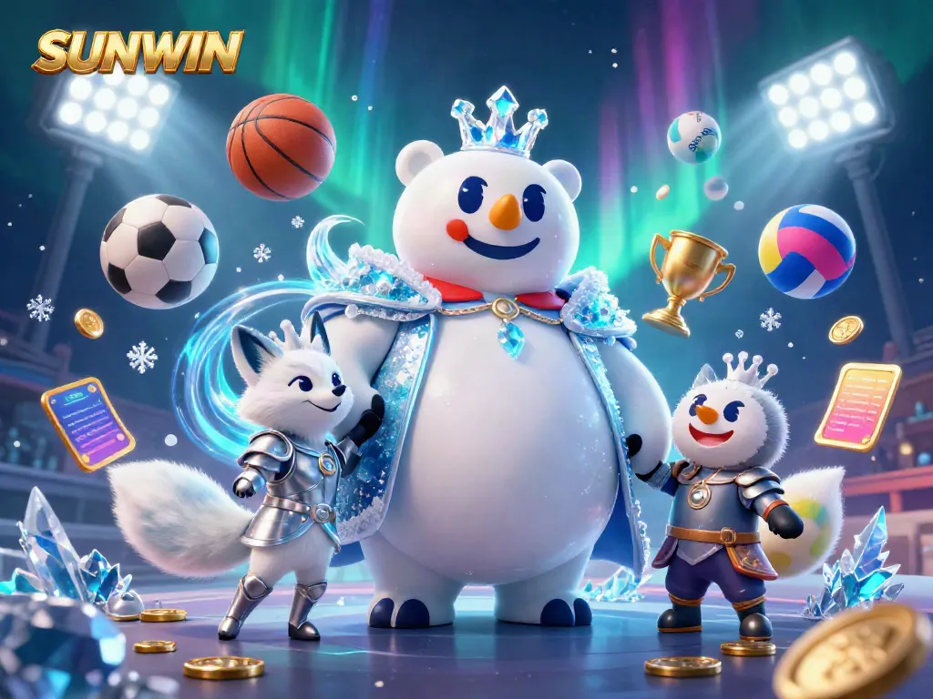SUNWIN engaging users with thrilling sports betting illustration featuring polar bear and snow fox amidst dynamic elements.