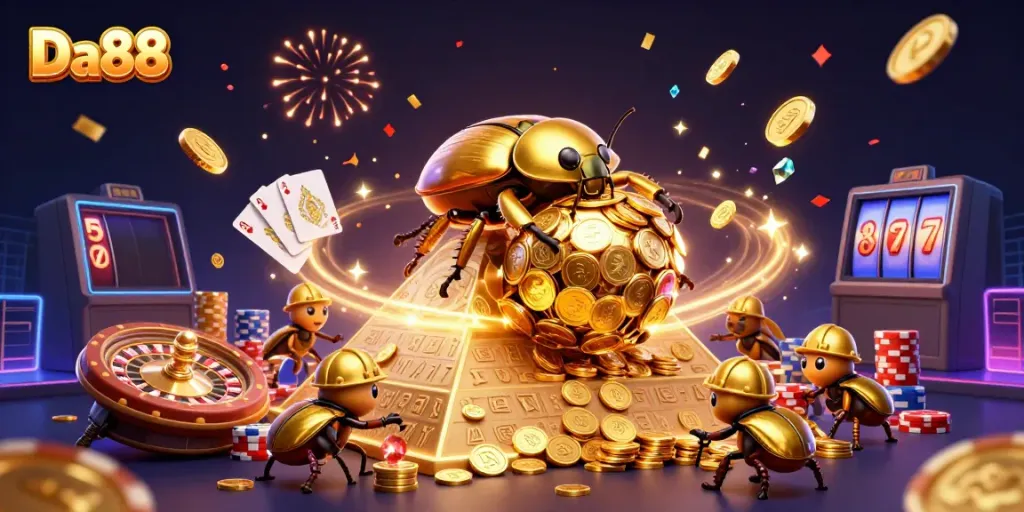 Experience the vibrant casino atmosphere with Da88's massive golden beetle among cascading coins and exciting games.