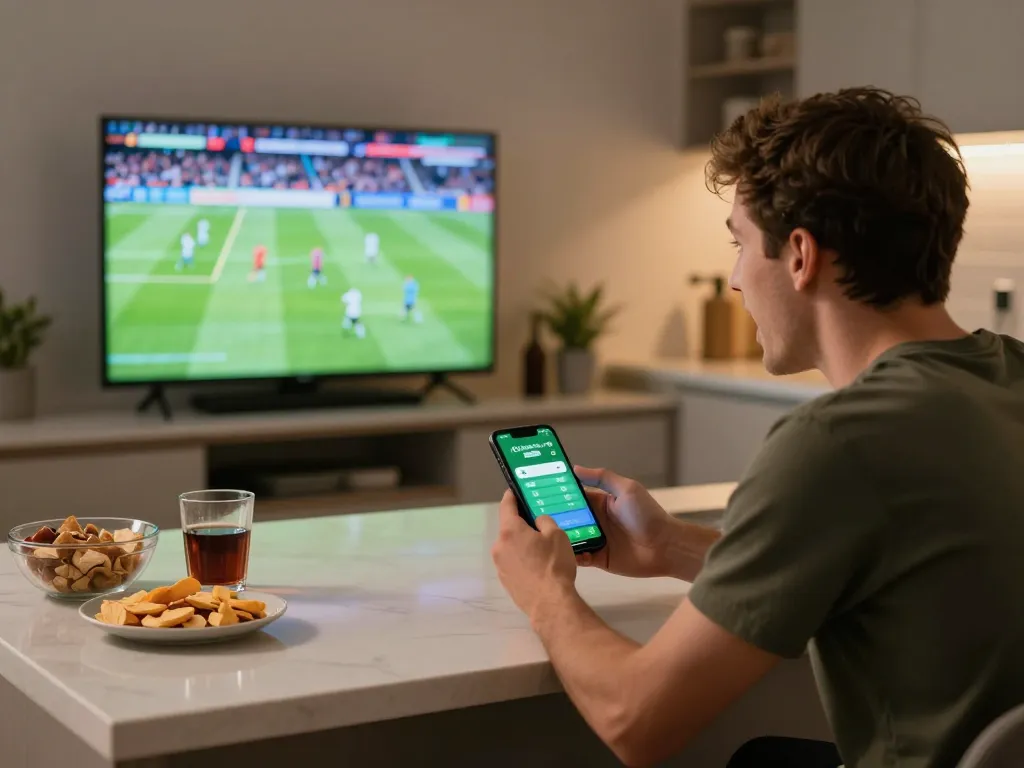 Engaged gambler accessing 88clbgo mobile app for sports betting while watching live matches