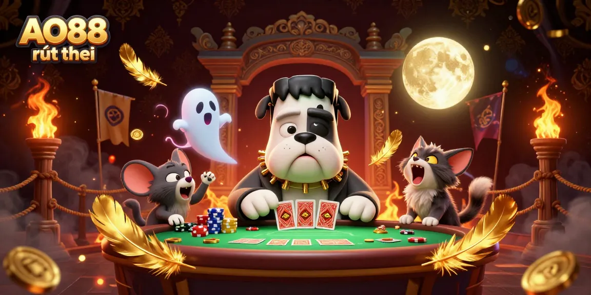 Engage with AO88 rút tiền as a cartoon bulldog dealer amidst a lively casino scene.
