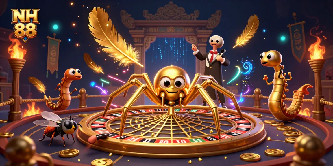 Experience thrilling bets at NH 88 with a golden spider roulette scene and an energetic croupier.