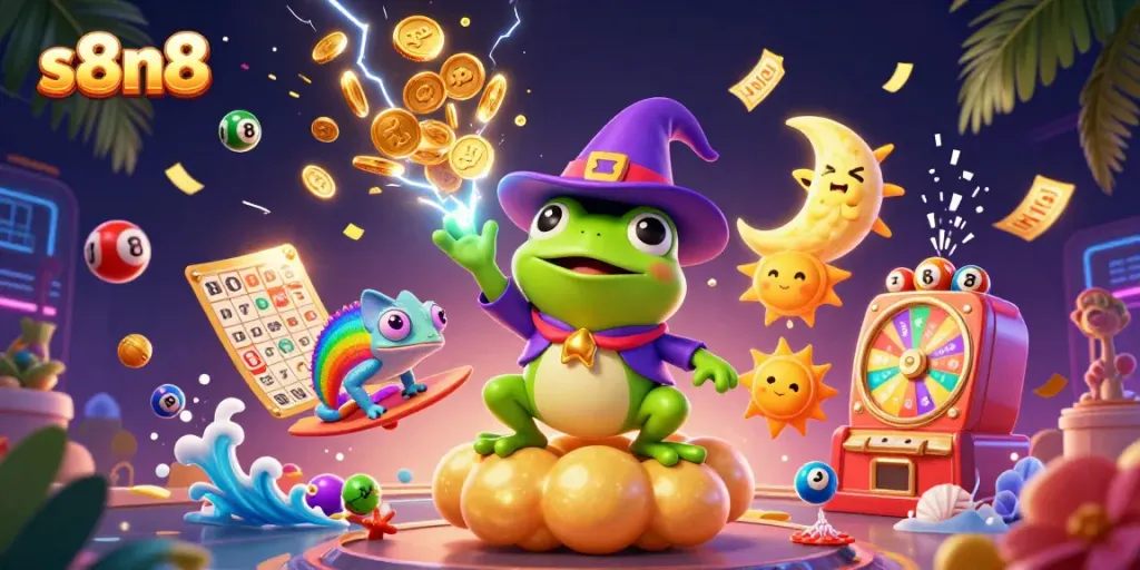 Experience dynamic winnings with vibrant lottery elements at s8n8 in this colorful 3D illustration.