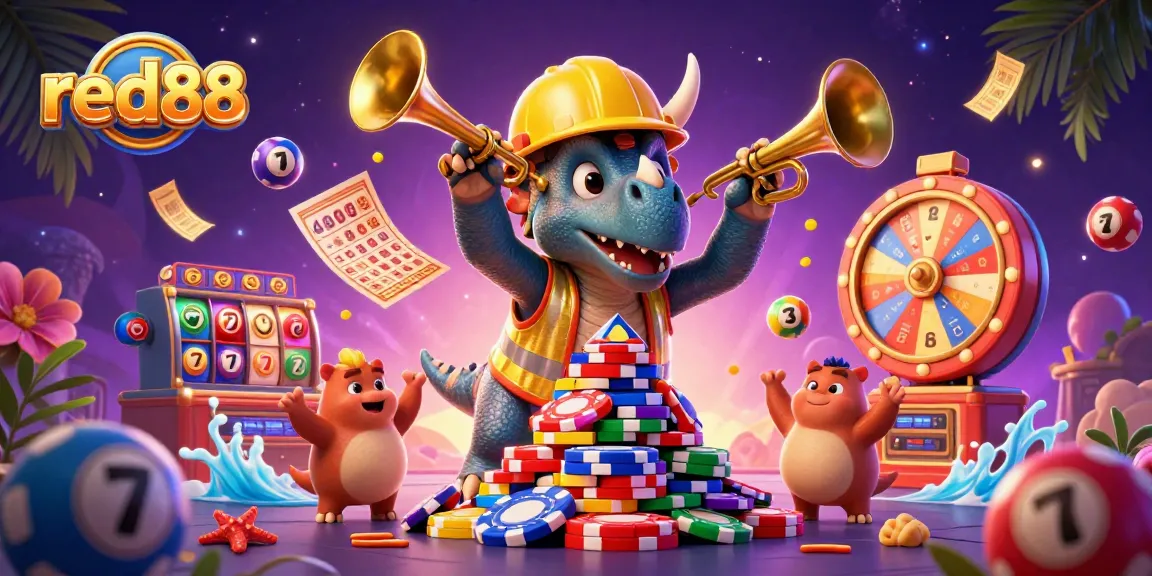 Red88's triceratops builds a poker chip pyramid in a dynamic casino celebration scene.