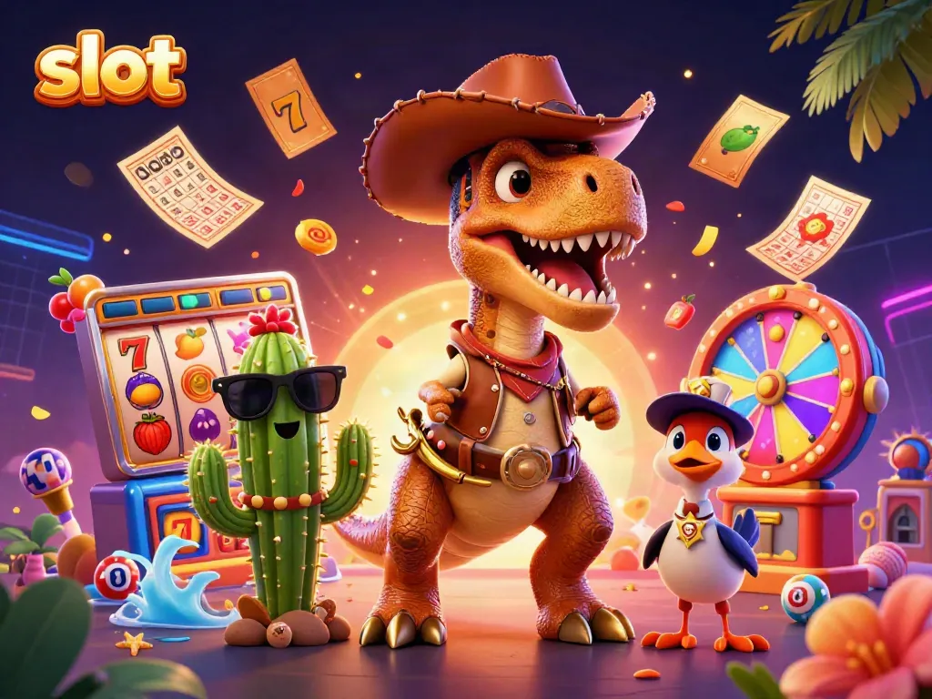 Spin vibrant slot reels with a dinosaur cowboy, cactus sidekick, and roadrunner in a dynamic scene.