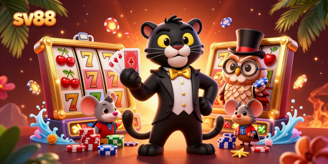 Engaging sv88 casino scene with a tuxedoed panther, poker owl, and lucky mouse among vibrant gambling elements.