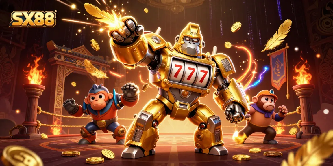SX88 showcases a vibrant 3D scene with a golden gorilla mech and dynamic casino elements.