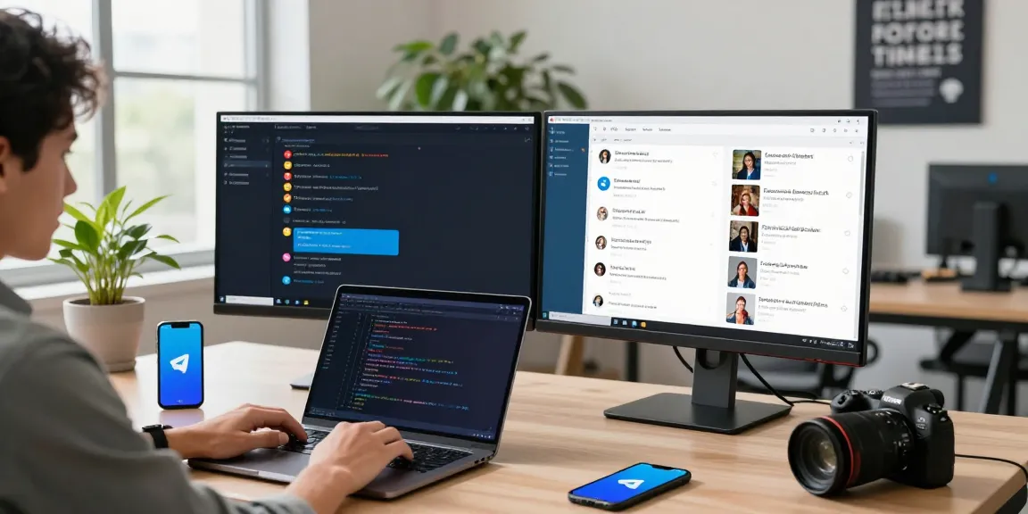 Telegram下载 user experiencing seamless messaging on a modern tech workspace.