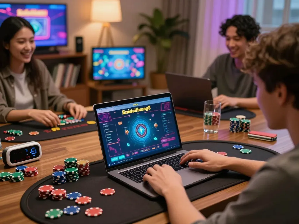 Engaging with gamebaidoithuong8 online gaming platform in cozy home setup, showcasing responsible entertainment.