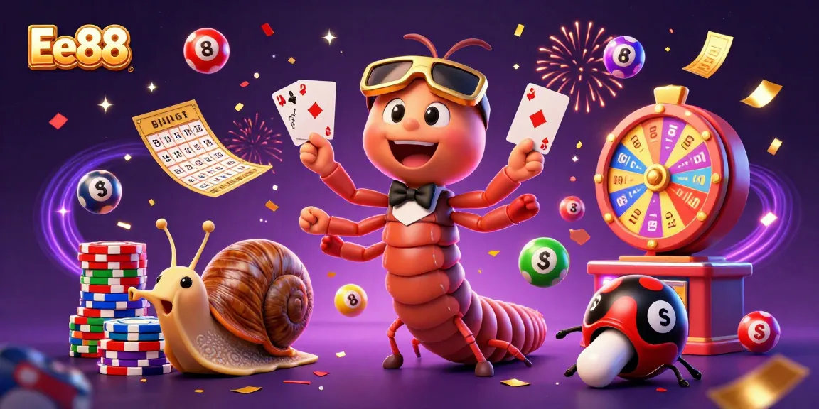 Engage with Ee88's thrilling gaming experience featuring colorful lottery balls, bingo cards, and a lively dealer