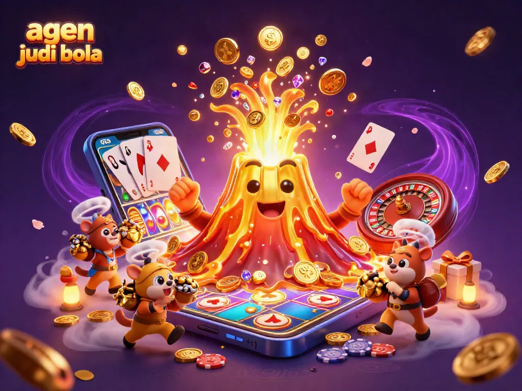 Experience vibrant action with agen judi bola as a golden volcano erupts treasures in a dynamic gaming scene.