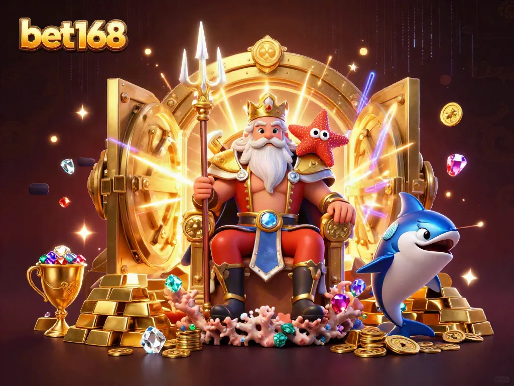 Experience the vibrant world of betting with bet168, showcasing Neptune and treasure in a casino fantasy.