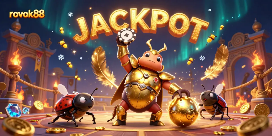 Experience rokok88 as the triumphant beetles celebrate with golden coins and jackpot fireworks in vibrant 3D.