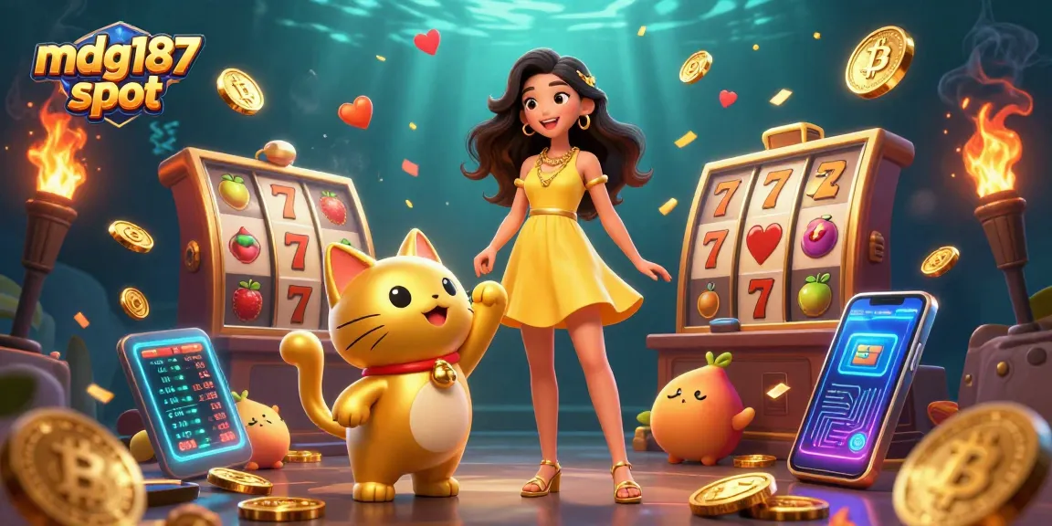 Win big with mdg187 slot in a vibrant, interactive casino-themed illustration.
