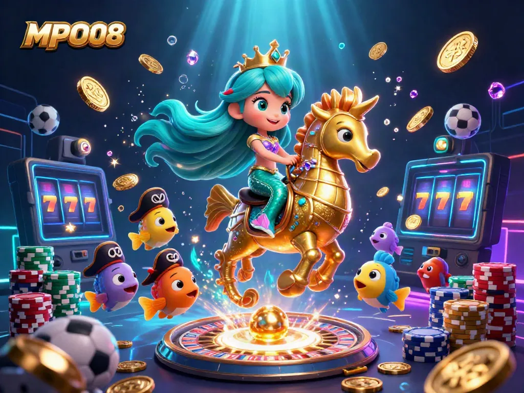 Engage in thrilling sports betting with MPO08 illustrated by a dynamic mermaid scene.