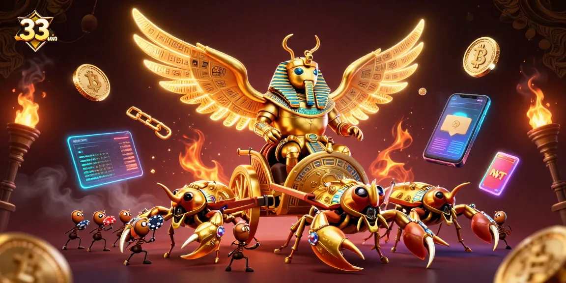 Experience epic gameplay at 33win with a vibrant 3D digital illustration of golden fortunes and exciting casino elements.