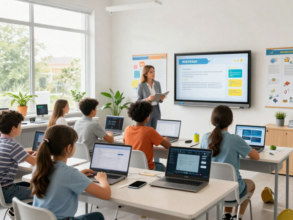 Modern classroom scene showing students engaged with digital curriculum from https://rokok88.live, fostering effective learning.