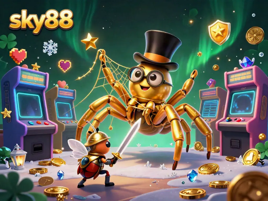 Join the thrilling adventures at sky88 with a bold beetle knight and a golden tarantula weaving dreams of fortune amidst vibrant casino energy.
