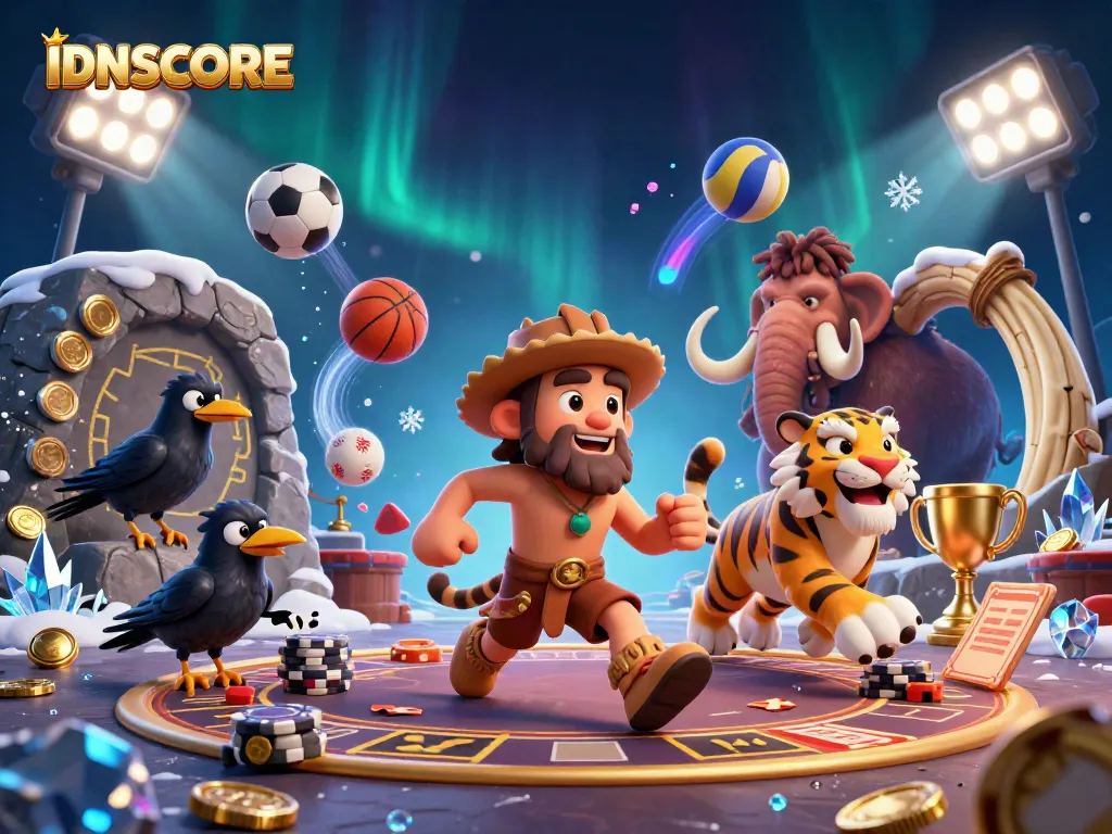 IDNSCORE features cartoon caveman and sabertooth tiger gaming in a prehistoric casino.