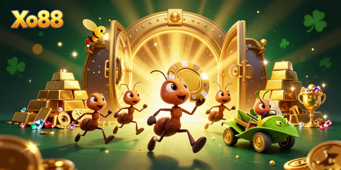 Xo88 features a dynamic cartoon scene with ants heisting a giant poker chip amidst treasure