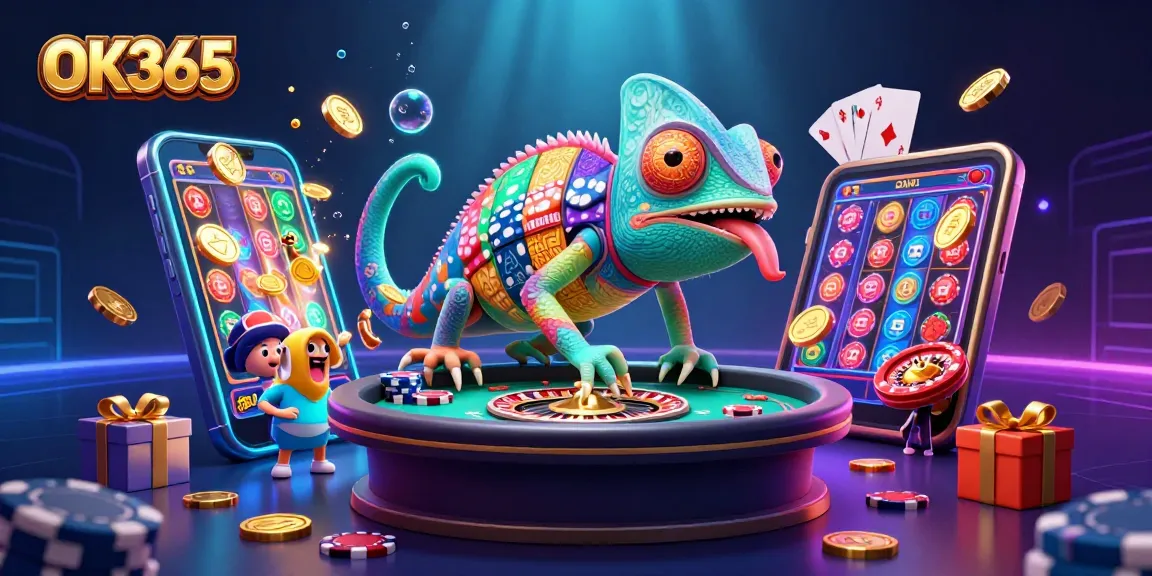 Engage with OK365's vibrant 3D casino illustration showcasing colorful slot games and a dynamic casino scene.