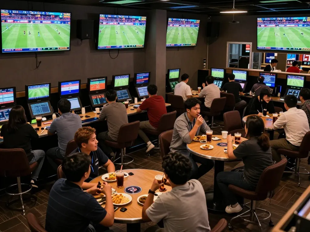 Fans engaging in sports betting at keonhacaii88, vibrant lounge atmosphere with live match updates.