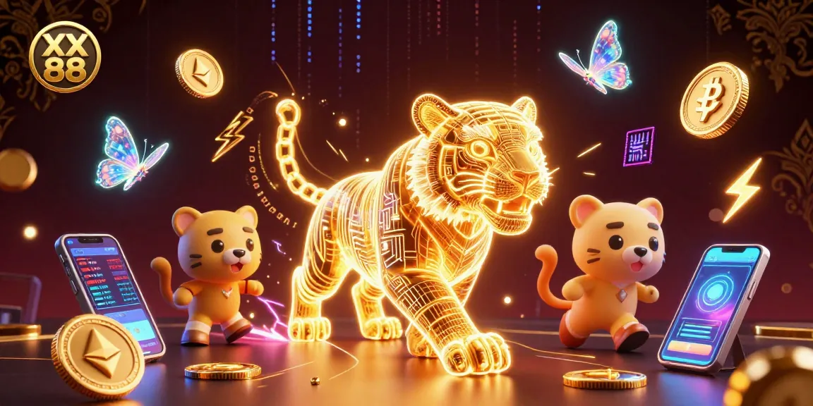 Experience the thrilling crypto atmosphere of XX 88 with a neon tiger prowling among vibrant digital casino elements.