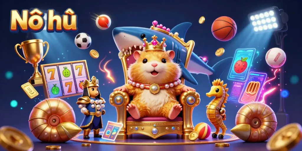 Nổ hũ showcases a vibrant 3D gambling scene with a hamster king, slot reels, and dynamic sports elements
