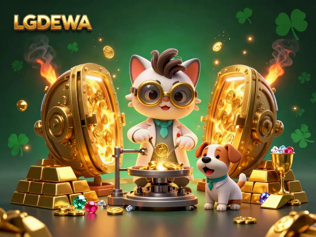 Experience LGODEWA's vibrant casino world with a cartoon mad scientist cat mastering gold creation.