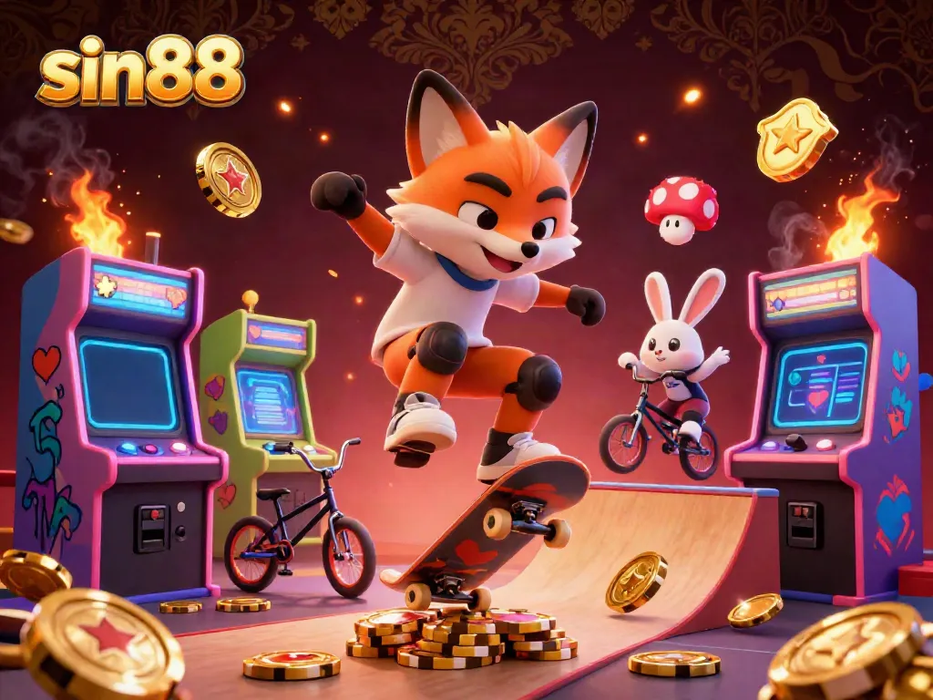 Engage with sin88 in this dynamic 3D casino scene featuring a skateboarder fox and rabbit performing tricks.