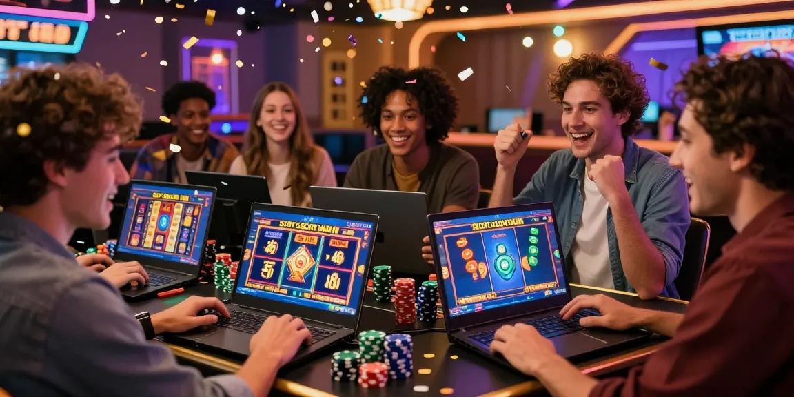 Exciting scene of friends playing Slot Gacor Hari Ini Kartupoker online with vibrant visuals and high RTP games.