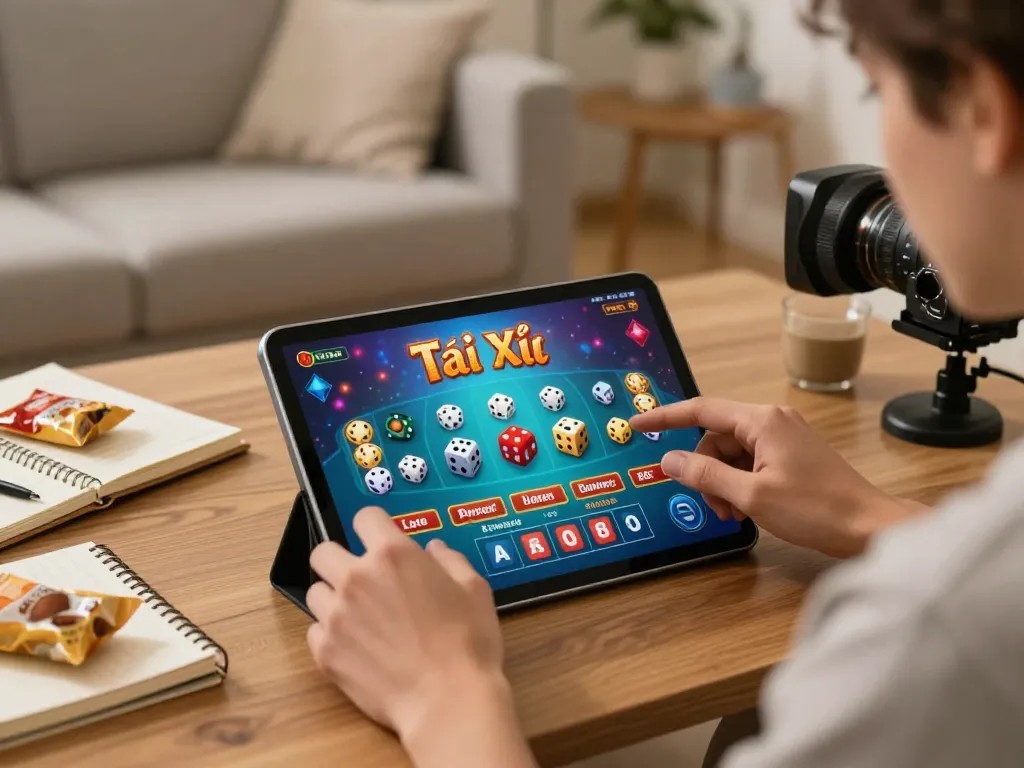 Tai Xiu gameplay on taixiuonline8 tablet in cozy living room with snacks and notes