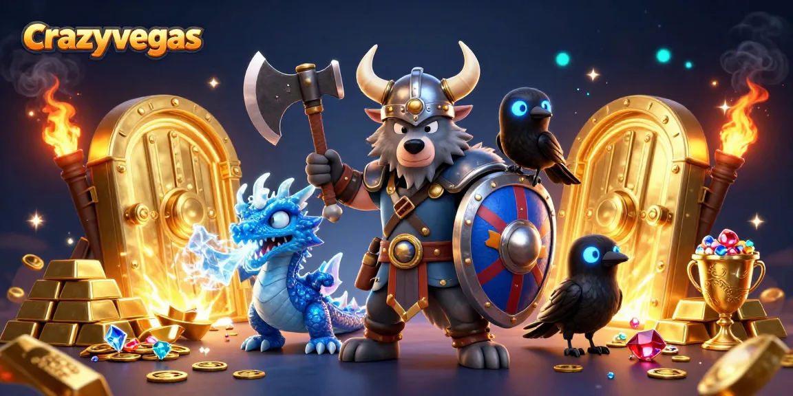 Experience excitement at crazyvegas with a Viking wolf warrior, dragon, and treasures in a dynamic casino scene.