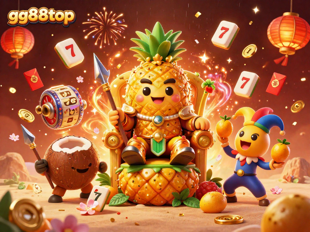Engage in the exciting world of gg88top with a vibrant casino scene featuring slot reels, a golden pineapple king, and joyful animations.