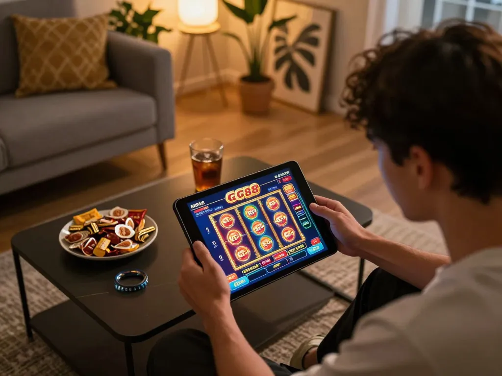 Engaging GG88 user placing bets on a colorful slot game on a tablet at home.