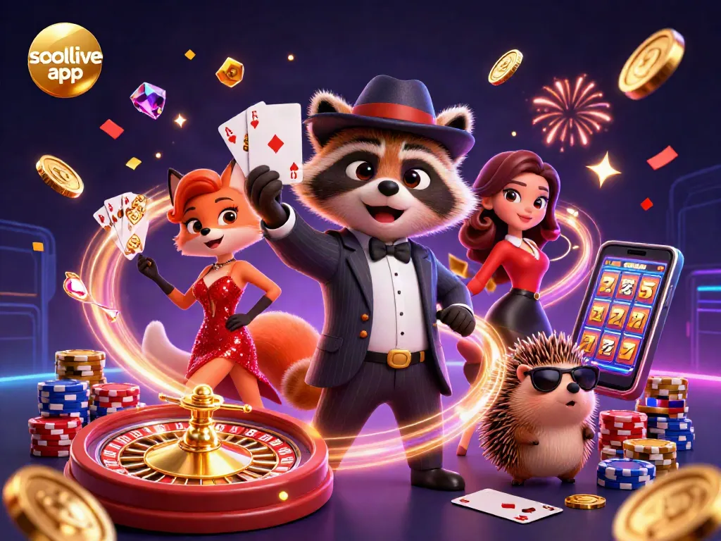 Experience the excitement of the socolive app with a lively 3D illustration showcasing a raccoon, fox, and hedgehog in a dynamic casino scene.