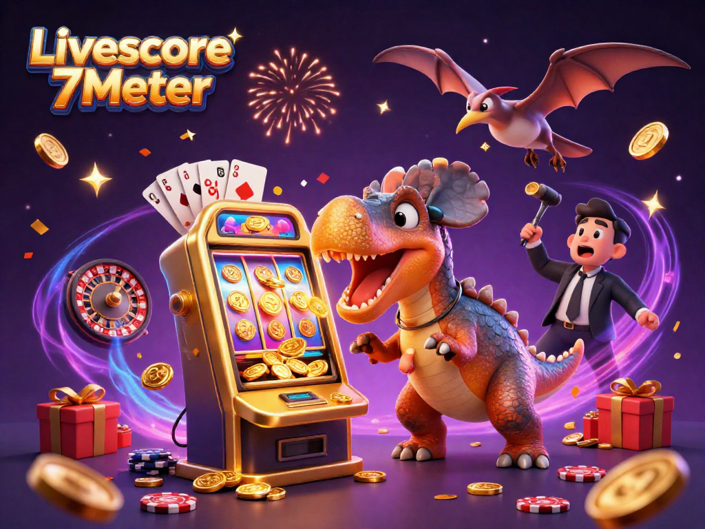 Win big with Livescore 7Meter as a cartoon pachycephalosaurus celebrates jackpot coins erupting from a slot machine.